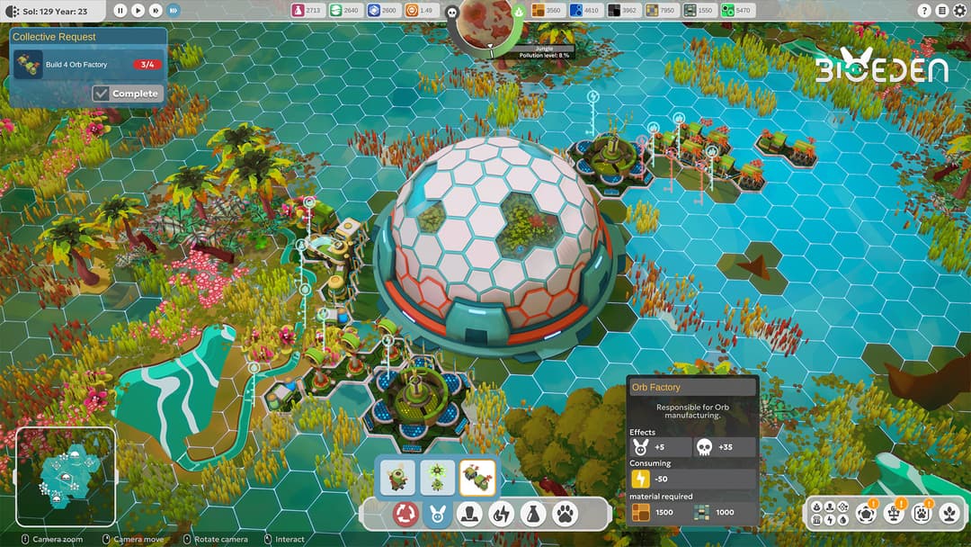BioEden gameplay showing an interconnected ecological dome and resource network